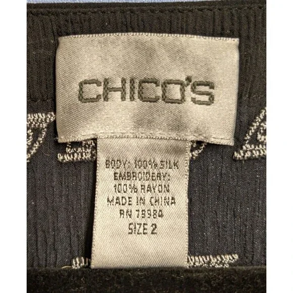 CHICO'S Women's Black Silk Embroidered Deep-V Cover-Up Beach Cruise 10/12 - Picture 11 of 11